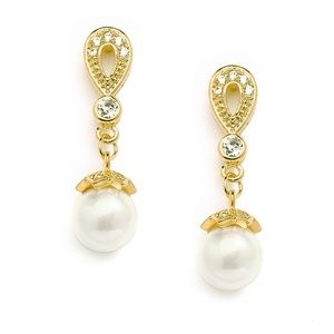 Pearl Drop 14K Gold Plated Vintage CZ Pave Bridal Earrings